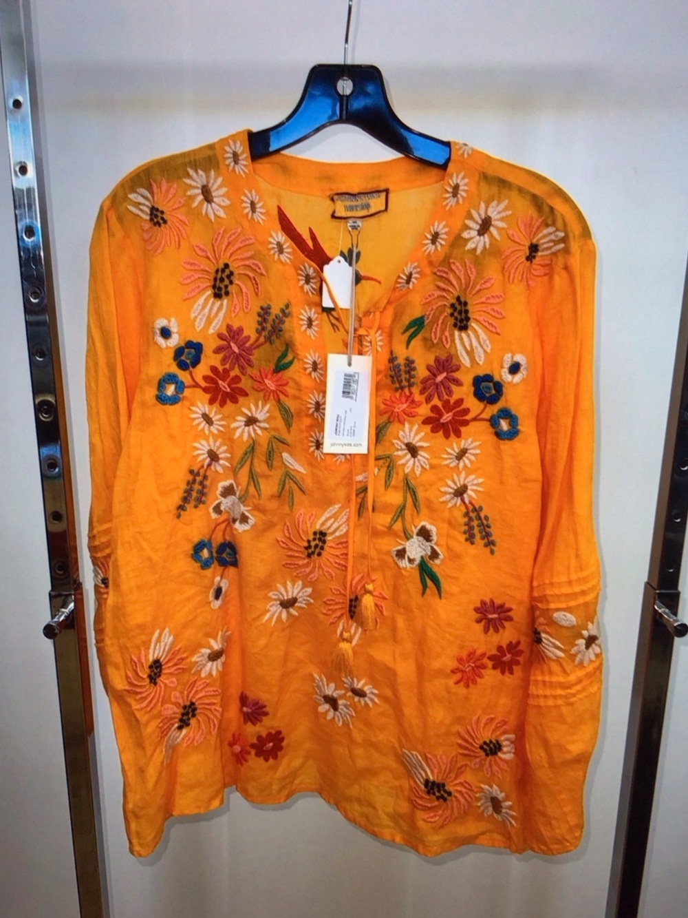 Johnny Was Orange Embroidered Floral Peasant Blouse